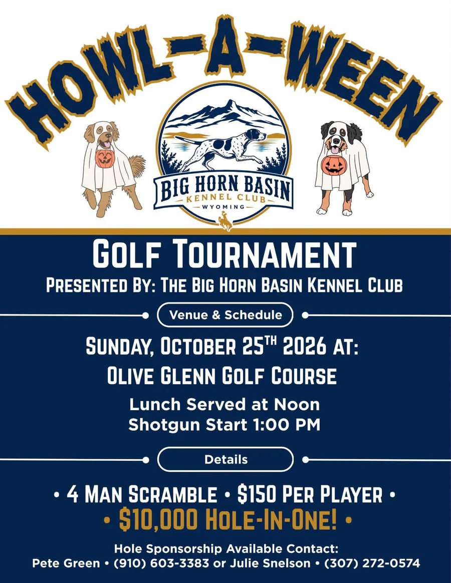 Howl-A-Ween Golf Tournament flyer with two dogs in ghost costumes holding jack-o'-lantern buckets